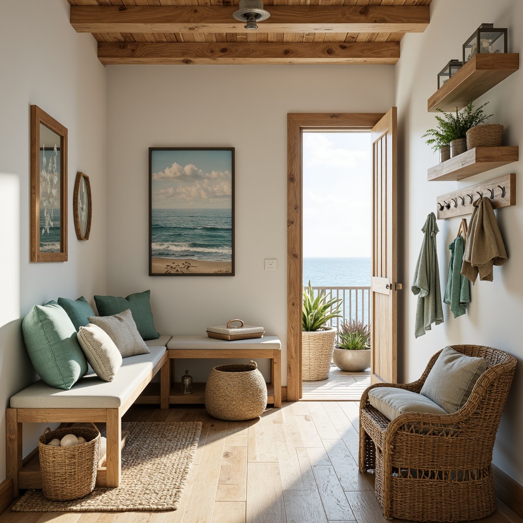 Prompt: Coastal-style mudroom, natural wood tones, woven wicker furniture, plush cushions, soft blue-green color palette, nautical accents, rustic metal hooks, driftwood decorative pieces, jute rugs, woven baskets, shell-adorned mirrors, glass lanterns, ocean-inspired artwork, calming beachy atmosphere, warm golden lighting, shallow depth of field, 1/2 composition, realistic textures, ambient occlusion.