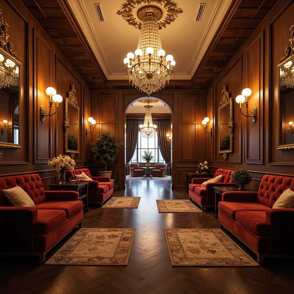 Prompt: Elegant hallway, luxurious furnishings, ornate mirrors, crystal chandeliers, velvet upholstery, wooden paneling, rich wood tones, intricate carvings, plush area rugs, statement lighting fixtures, metallic accents, sophisticated color palette, warm golden lighting, shallow depth of field, 1/1 composition, realistic textures, ambient occlusion.