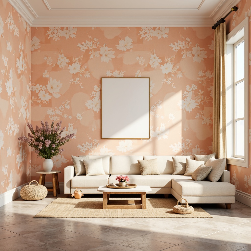 Prompt: Soft peach tones, warm beige background, delicate floral patterns, elegant gold accents, rustic wooden textures, natural stone flooring, creamy white furniture, vintage distressed finishes, whimsical watercolor illustrations, airy open spaces, abundant natural light, subtle warm shadows, 1/2 composition, harmonious color balance, realistic material renderings.