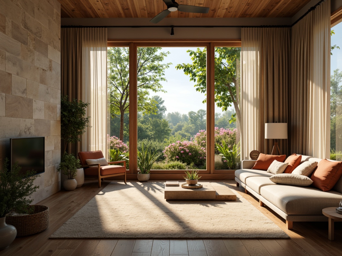 Prompt: Cozy living room, large windows, soft warm lighting, natural stone walls, wooden floors, minimalist decor, greenery views, blooming flowers, sunny day, gentle breeze, sheer curtains, comfortable seating, earthy color palette, organic textures, subtle shadows, shallow depth of field, 3/4 composition, panoramic view, realistic materials, ambient occlusion.