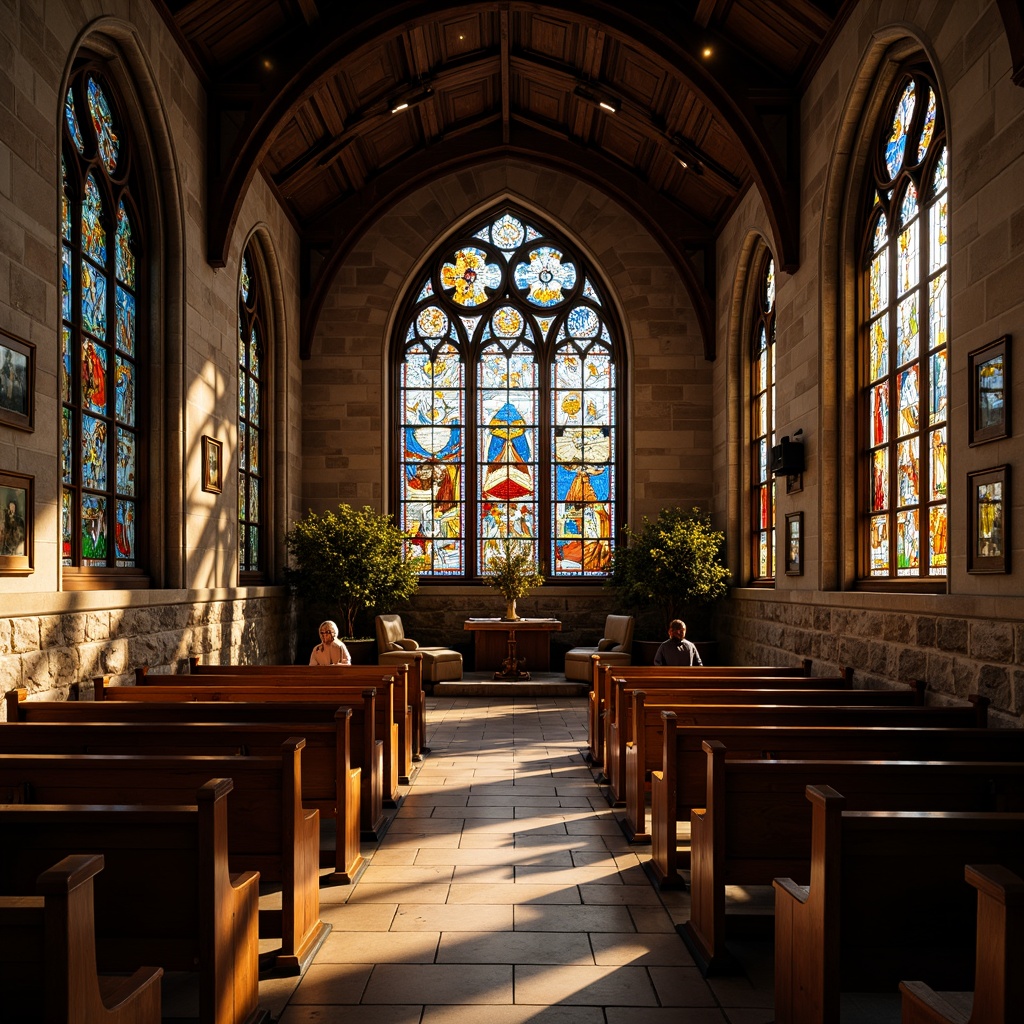 Prompt: Rustic church interior, stunning stained glass windows, vivid colors, ornate patterns, Christian symbols, intricate designs, warm lighting, cozy atmosphere, wooden pews, stone walls, vaulted ceilings, medieval architecture, mystical ambiance, dramatic shadows, soft focus, 1/1 composition, natural textures, subtle reflections.