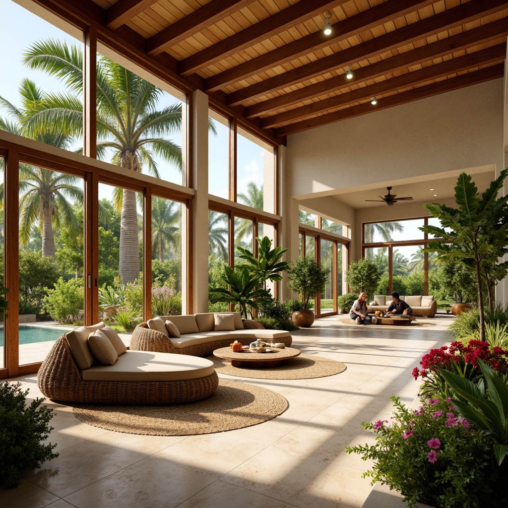 Prompt: Tropical style interior, high ceilings, wooden accents, large windows, sliding glass doors, natural fiber rugs, woven rattan furniture, vibrant greenery, palm trees, exotic flowers, warm beige walls, cream-colored stone floors, soft warm lighting, shallow depth of field, 3/4 composition, panoramic view, realistic textures, ambient occlusion.