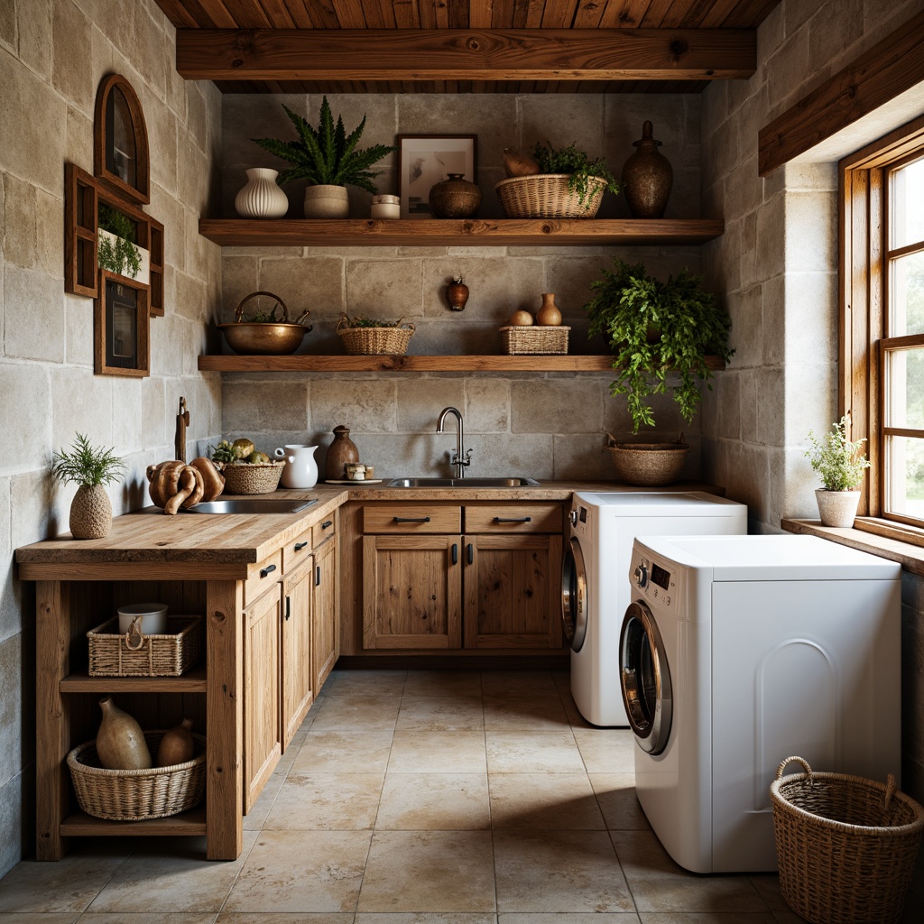 Prompt: Rustic laundry room, wooden accents, natural stone walls, earthy tones, vintage decorations, woven baskets, rattan storage bins, distressed wood shelves, modern appliances, sleek countertops, minimalist hardware, soft warm lighting, shallow depth of field, 3/4 composition, realistic textures, ambient occlusion.