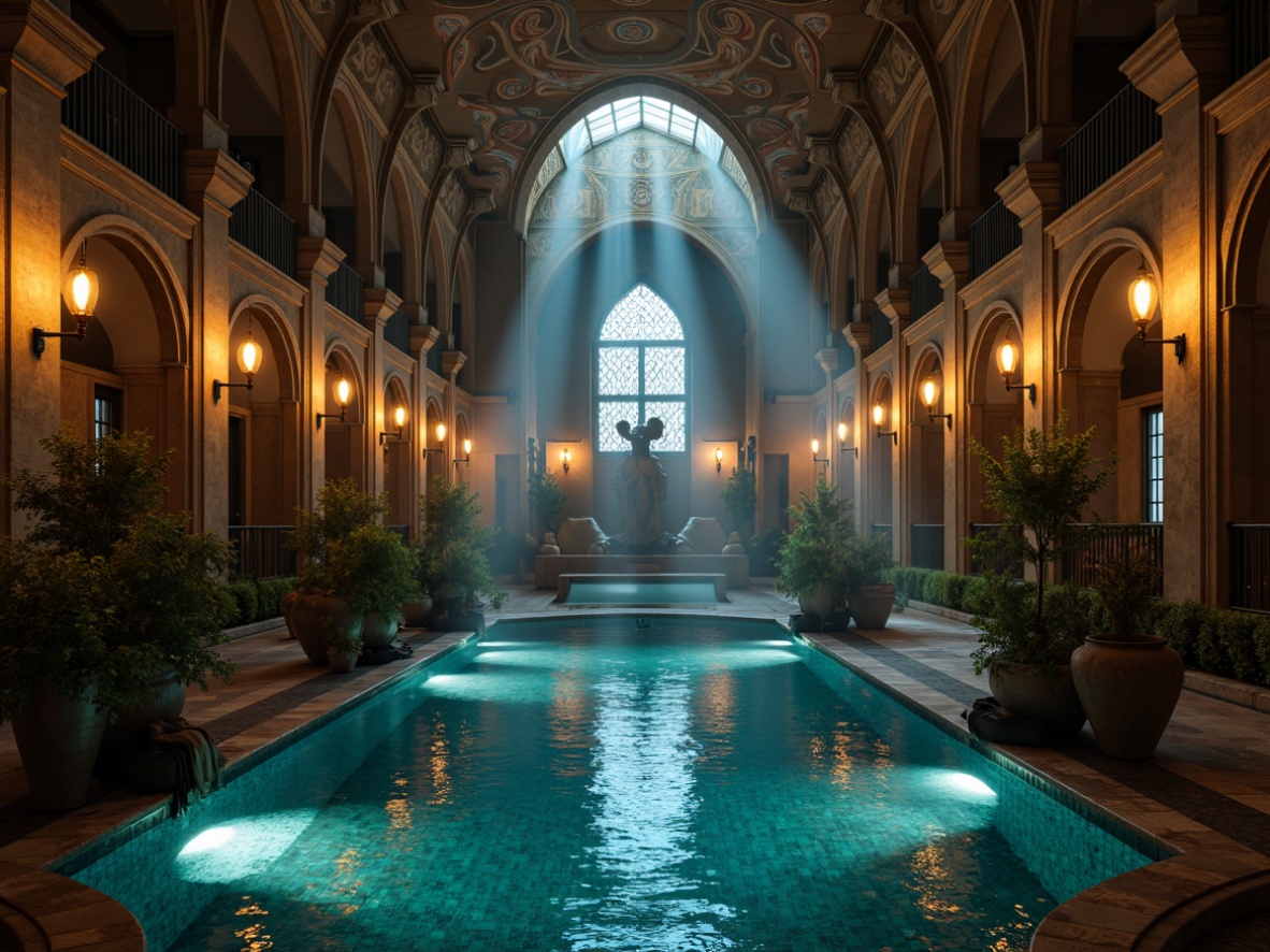 Prompt: Mysterious underground swimming pool, dimly lit ambiance, vaulted ceilings, pointed arches, ribbed groin vaults, ornate stone carvings, intricate frescoes, majestic stained glass windows, warm golden lighting, soft shimmering water effects, subtle misty atmosphere, dramatic spotlighting, eerie shadows, mystical foggy surroundings, atmospheric soundscapes, mysterious lanterns, flickering torches, grandiose chandeliers, luxurious velvet drapery, richly patterned mosaics, majestic stone statues, ornate metal railings.