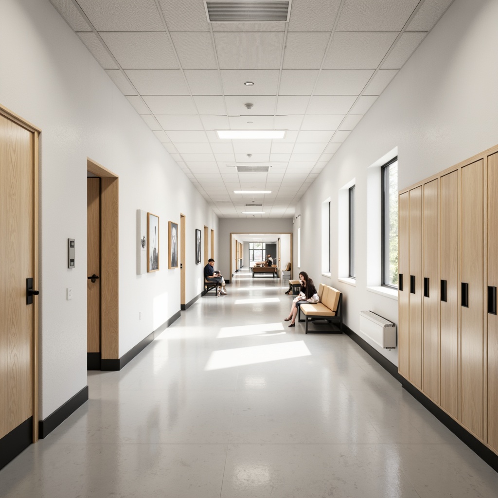 Prompt: Monochromatic high school hallways, clean white walls, minimalist lockers, subtle wood accents, soft pastel colors, calming beige tones, gentle grey hues, natural light pouring, sleek modern furniture, geometric patterns, simple typography, bold accent walls, industrial metal doors, polished concrete floors, warm ambient lighting, shallow depth of field, 1/1 composition, realistic textures, ambient occlusion.