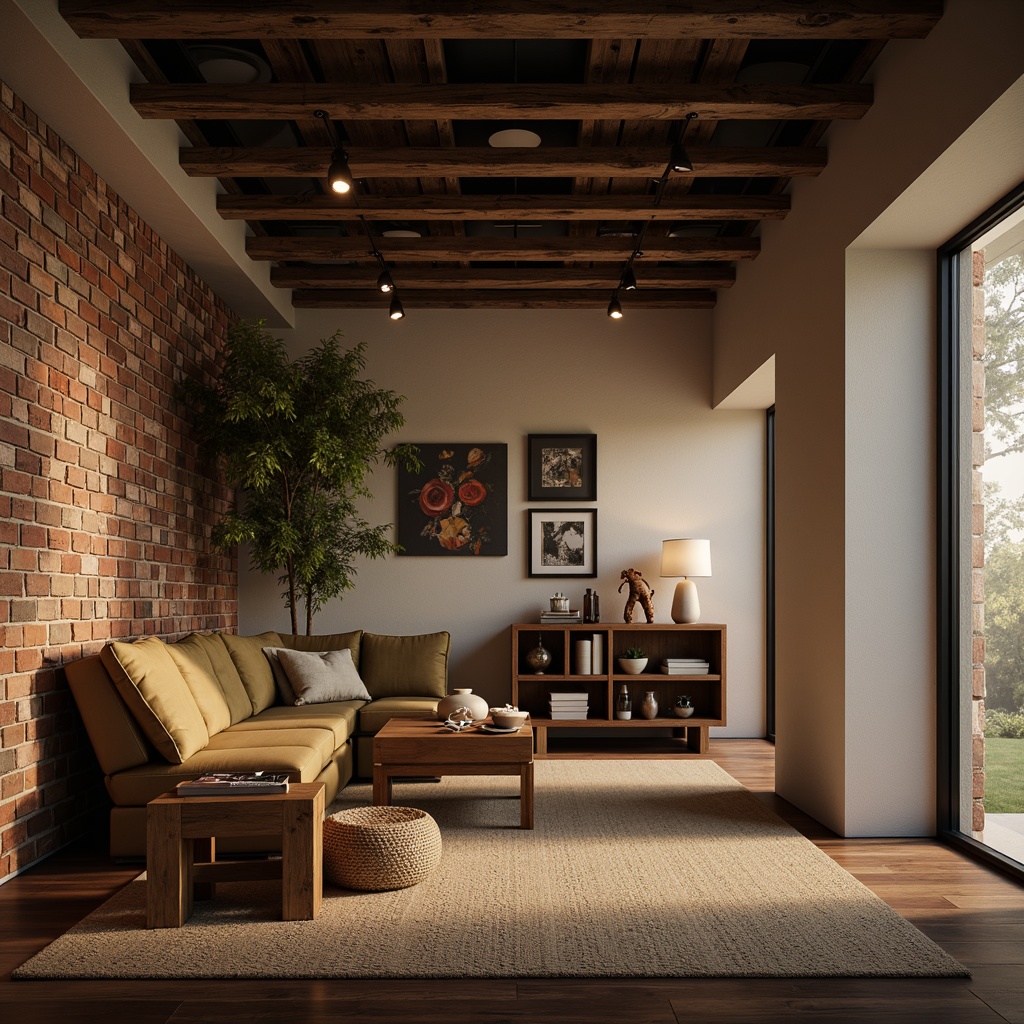 Prompt: Cozy basement, warm earthy tones, rich wood accents, soft cream walls, deep blue undertones, rustic brick textures, industrial metal beams, modern minimalist decor, ambient warm lighting, dramatic shadows, 1/2 composition, shallow depth of field, realistic renderings.