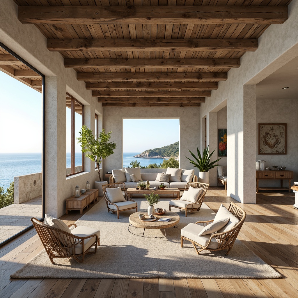 Prompt: Weathered wooden planks, driftwood accents, sea-salt-eroded stone walls, ocean-inspired color palette, soft sandy beige tones, calming blue hues, natural linen fabrics, woven rattan furniture, distressed metal frames, vintage nautical decorations, coral-patterned ceramics, shell-adorned accessories, beachy scents, airy open-plan living, large windows with ocean views, sliding glass doors, cozy reading nooks, plush area rugs, warm ambient lighting, shallow depth of field, 1/1 composition, realistic textures, ambient occlusion.