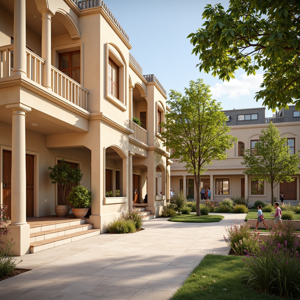 Prompt: Vibrant youth center, classical architecture style, warm beige stone walls, ornate columns, elegant arches, soft golden lighting, rich wood accents, creamy white marble floors, subtle gray tone roofs, lush greenery surroundings, blooming flowers, sunny day, shallow depth of field, 3/4 composition, panoramic view, realistic textures, ambient occlusion.