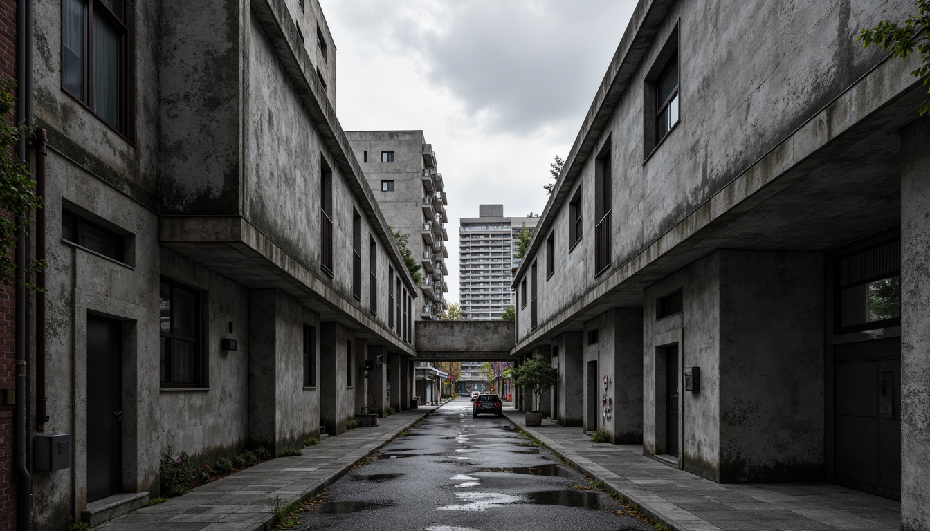 Prompt: Brutalist architecture, rugged concrete walls, exposed ductwork, industrial metal beams, raw unfinished textures, monochromatic color scheme, bold black accents, weathered steel surfaces, distressed wood elements, urban cityscape, overcast sky, dramatic shadows, high contrast lighting, gritty realistic render, detailed bump mapping, cinematic atmosphere, 1-point perspective composition.