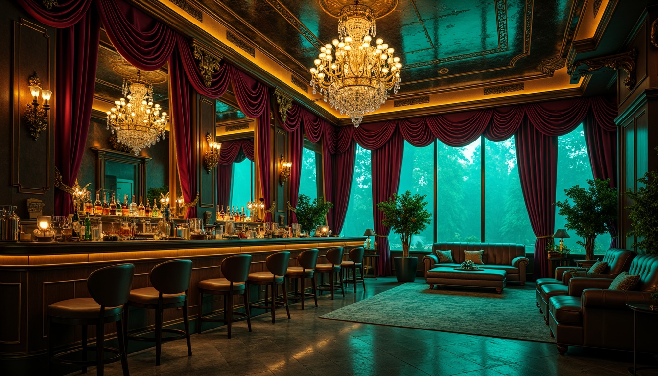 Prompt: Luxurious nightclub, Baroque style, rich jewel tones, emerald green, sapphire blue, amethyst purple, gold accents, ornate mirrors, intricate carvings, velvet drapes, crystal chandeliers, lavish furnishings, dramatic lighting, warm golden glow, soft focus, shallow depth of field, 1/2 composition, cinematic atmosphere, mystical ambiance, high-end finishes, luxurious textures.