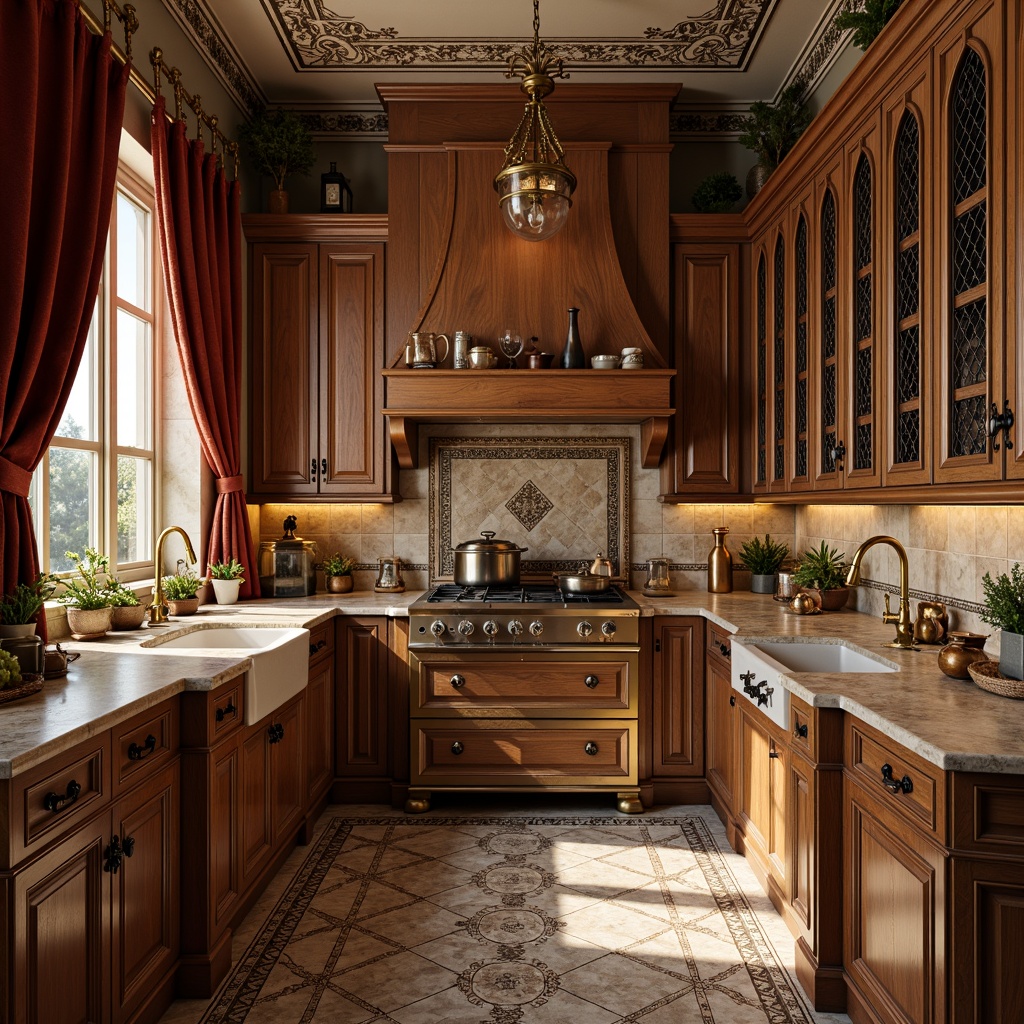 Prompt: Ornate pantry cabinetry, rich wood tones, ornamental metalwork, elegant crown molding, decorative corbels, grandiose archways, luxurious velvet drapes, refined stone countertops, antique bronze hardware, intricate ceramic tiles, warm golden lighting, shallow depth of field, 1/1 composition, realistic textures, ambient occlusion.