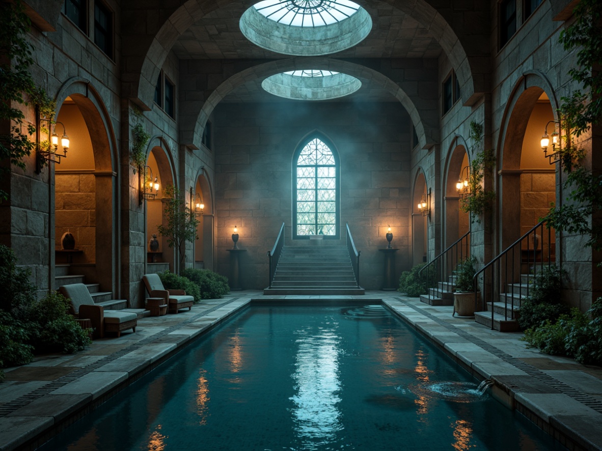 Prompt: Mysterious gothic swimming pool, eerie stone walls, vaulted ceilings, grand archways, ornate carvings, mysterious lanterns, misty atmosphere, soft warm lighting, shallow depth of field, 3/4 composition, panoramic view, realistic textures, ambient occlusion, moss-covered stones, ivy-clad walls, dark blue waters, eerie silence, whispering fountains, subtle water features, ornate metal railings, grand staircases, mysterious alcoves.