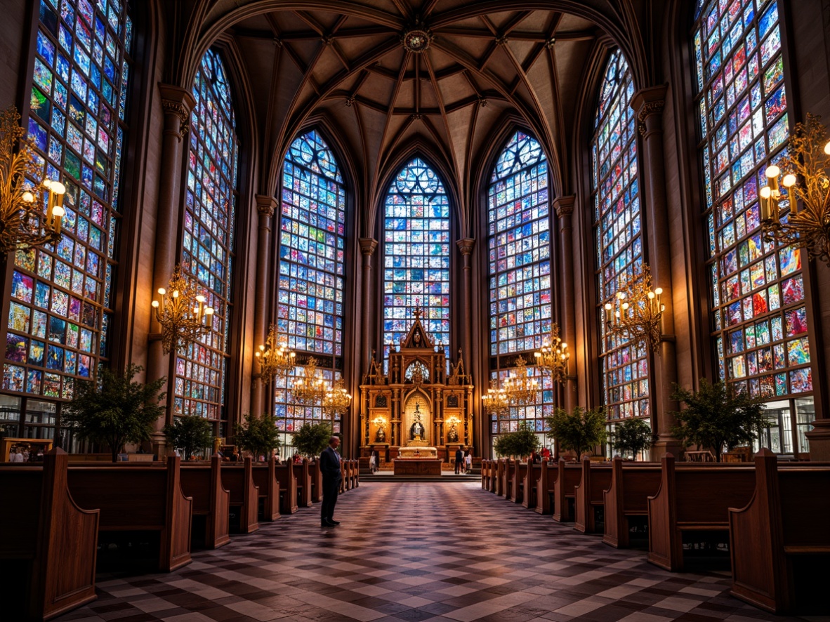 Prompt: Vibrant stained glass windows, intricate geometric patterns, kaleidoscope of colors, ornate metal frames, Gothic Revival architecture, grand cathedrals, majestic vaulted ceilings, sacred ambiance, soft warm lighting, diffused colorful glows, luxurious textiles, rich wood tones, ornamental furnishings, eclectic decorative accents, dramatic verticality, soaring heights, atmospheric perspective, 1/1 composition, shallow depth of field.