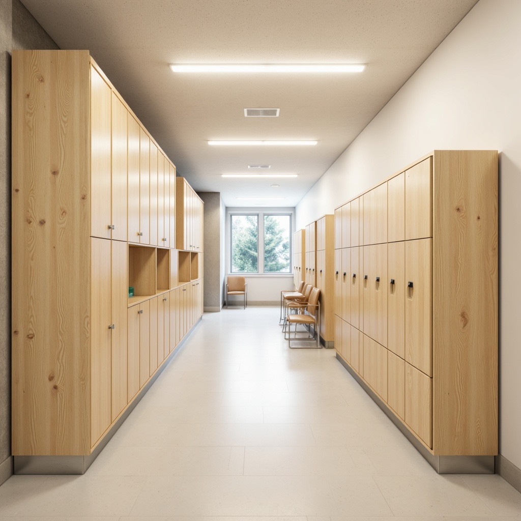 Prompt: Monochromatic high school hallway, soft pastel colors, gentle beige walls, sleek wooden lockers, minimalist classrooms, clean lines, modern furniture, subtle textures, warm natural lighting, shallow depth of field, 1/1 composition, realistic render, ambient occlusion, calm atmosphere, simplified shapes, pale blue accents, creamy whites, muted grays, soft peach tones.