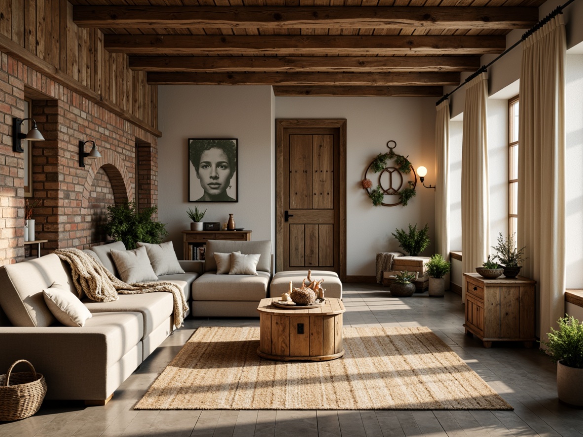 Prompt: Rustic farmhouse interior, warm earthy tones, natural wood accents, vintage metal decor, soft creamy whites, muted sage greens, weathered wooden beams, distressed brick walls, cozy throw blankets, woven jute rugs, antique farm tools, warm candlelight, shallow depth of field, 1/1 composition, realistic textures, ambient occlusion.