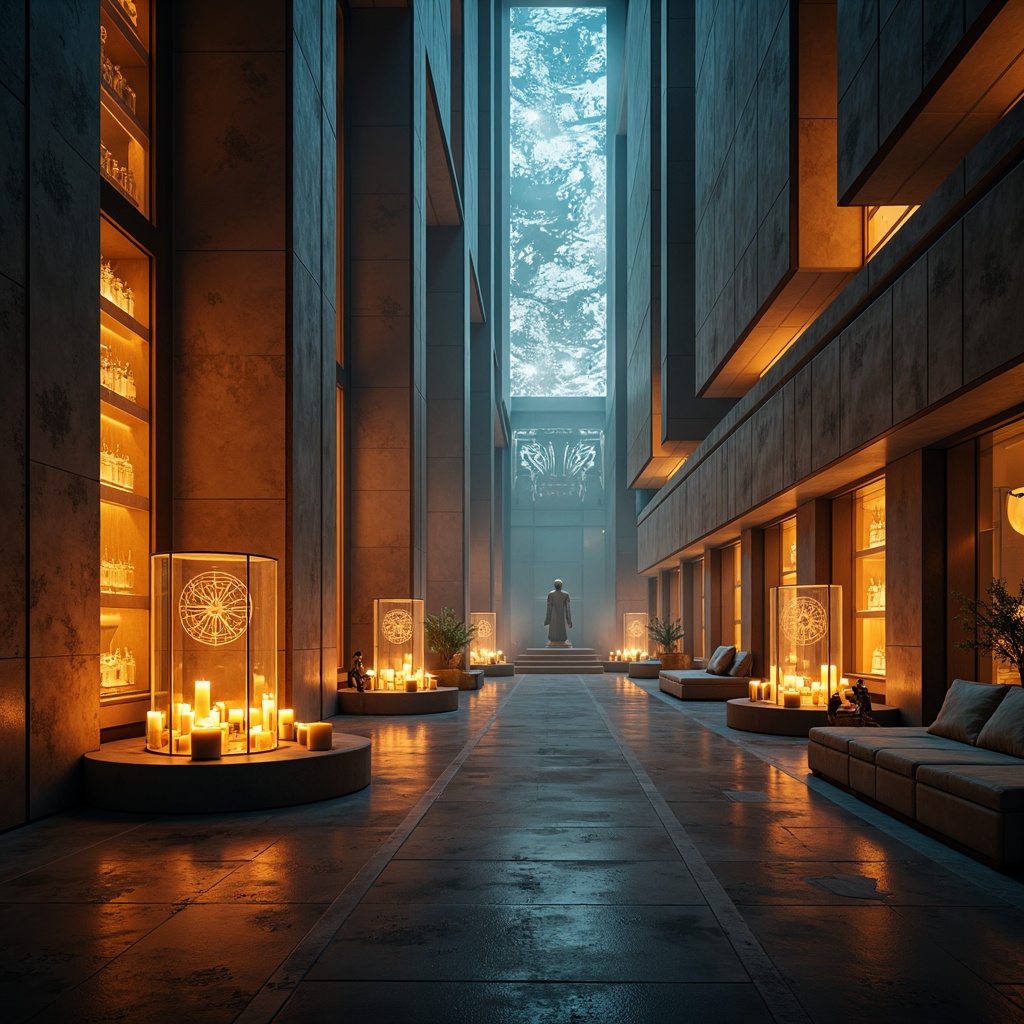 Prompt: Futuristic monastery interior, atmospheric ambient lighting, warm glowing lanterns, soft luminescent walls, eerie shadows, minimalist decor, sleek metallic accents, sacred symbols etched on glass surfaces, dimmable LED strips, futuristic candlelight, holographic projections, ethereal mist, mystical atmosphere, 3D printed chandeliers, crystal prisms, refracted light, dramatic beam lights, spiritual ambiance, contemplative mood, shallow depth of field, cinematic composition, realistic textures, ambient occlusion.