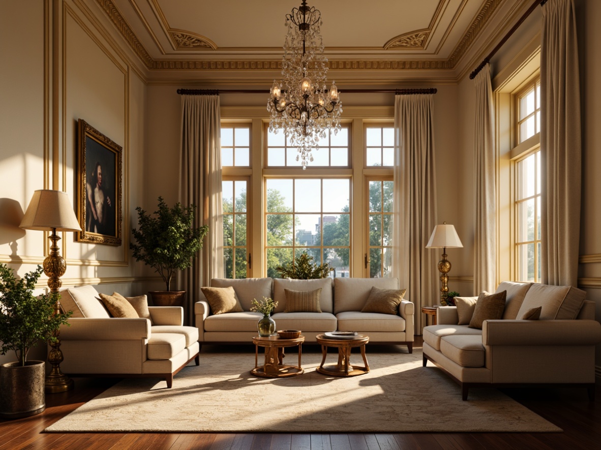 Prompt: Elegant family room, neoclassical interior design, ornate furnishings, crystal chandeliers, warm golden lighting, soft diffused glow, floor lamps with sculpted details, table lamps with linen shades, rich wood paneling, cream-colored walls, classic paintings, refined textiles, intricate moldings, high ceilings, luxurious fabrics, subtle color palette, natural daylight, gentle morning light, warm afternoon sunbeams, dramatic evening ambiance, low-key backlighting, 1/1 composition, realistic reflections, subtle shading.