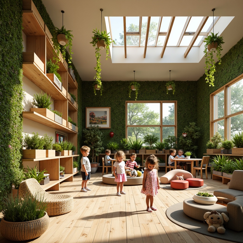 Prompt: Vibrant kindergarten interior, natural wood accents, living green walls, blooming flower pots, soft earthy tones, organic shapes, cozy reading nooks, woven wicker furniture, recycled material decorations, sensory play areas, nature-inspired murals, warm sunlight filtering through skylights, gentle breezy atmosphere, curved lines, whimsical textures, 1/1 composition, shallow depth of field, realistic rendering.