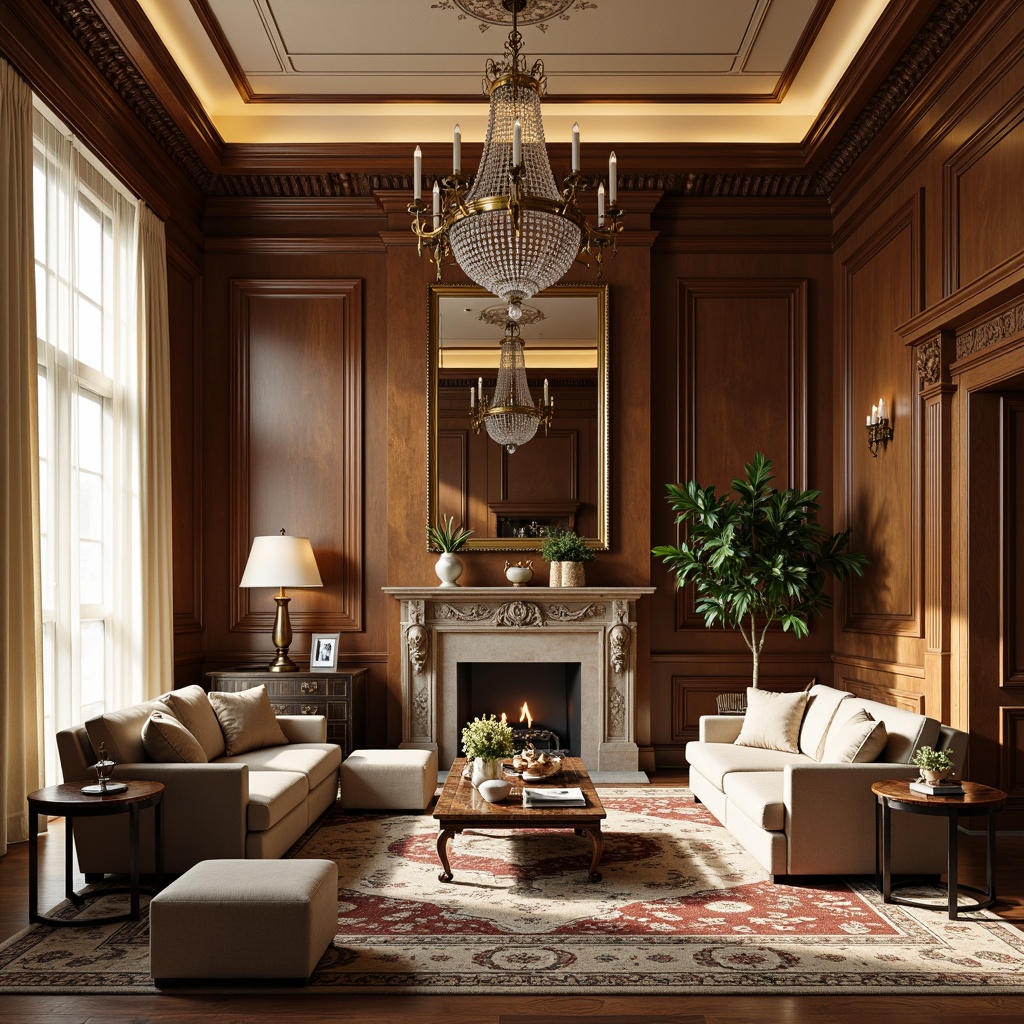 Prompt: Elegant family room, neoclassical style, rich wood tones, ornate moldings, carved wooden furniture, plush velvet sofas, tufted ottomans, antique bronze lamps, crystal chandeliers, marble coffee tables, intricate rug patterns, warm beige walls, soft cream-colored drapes, tall windows, natural light pouring in, subtle shadows, 1/1 composition, shallow depth of field, realistic textures, ambient occlusion.