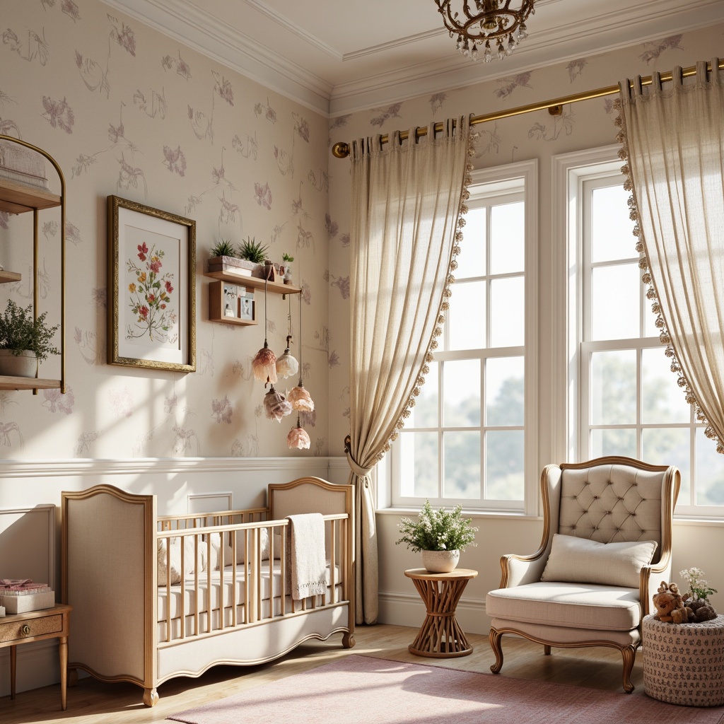 Prompt: Whimsical nursery, soft pastel colors, ornate wallpaper patterns, floral motifs, elegant moldings, curved lines, nature-inspired accents, antique furniture pieces, luxurious fabrics, velvet drapes, tassel details, golden frames, delicate lace trim, warm beige tones, creamy whites, soft pink hues, gentle lighting, subtle textures, realistic renderings, shallow depth of field, 1/2 composition.