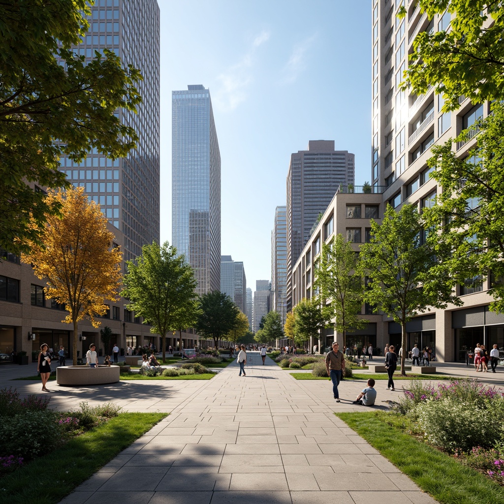 Prompt: Vibrant city square, lush greenery, walking paths, urban furniture, street lamps, bustling crowd, modern architecture, sleek skyscrapers, glass facades, natural stone pavements, blooming flowers, sunny day, soft warm lighting, shallow depth of field, 3/4 composition, panoramic view, realistic textures, ambient occlusion.