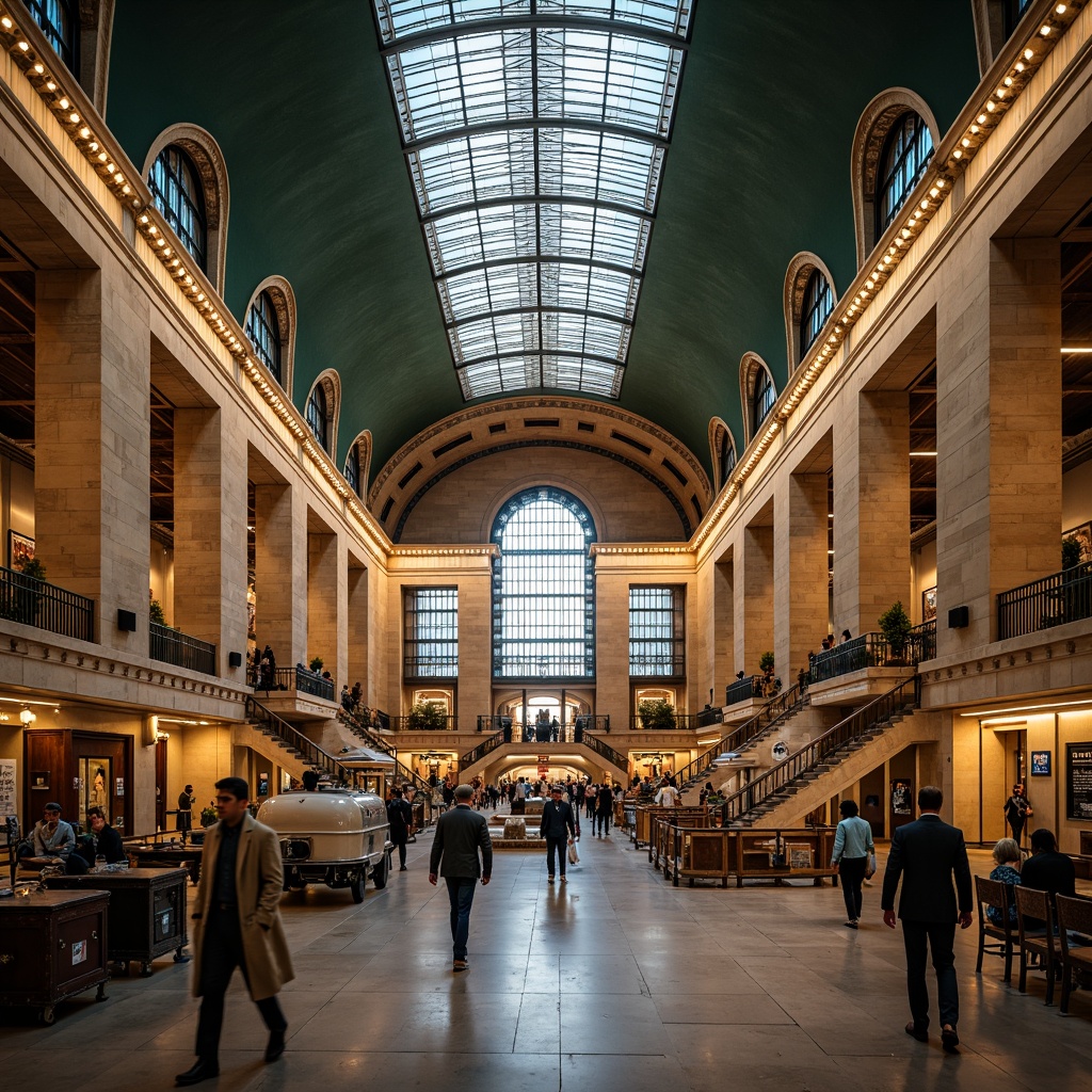 Prompt: Grand train station, high ceilings, ornate chandeliers, vintage luggage carts, retro-style clocks, intricate tile work, metallic pillars, curved staircases, grand archways, natural stone floors, large glass skylights, modern LED lighting, bustling crowd, lively atmosphere, warm color tones, shallow depth of field, 1/2 composition, symmetrical framing, realistic textures, ambient occlusion.