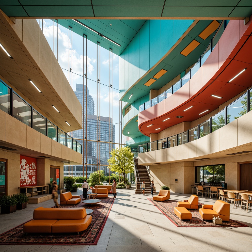 Prompt: Vibrant courthouse, bold postmodernist architecture, striking color palette, pastel hues, neon accents, geometric patterns, ornate details, grand staircase, sleek glass railings, rich wood tones, polished marble floors, dramatic lighting, warm beige walls, cool blue ceilings, abstract murals, eclectic furniture, lush greenery, urban cityscape, sunny day, soft focus, 3/4 composition, cinematic view, realistic textures, ambient occlusion.