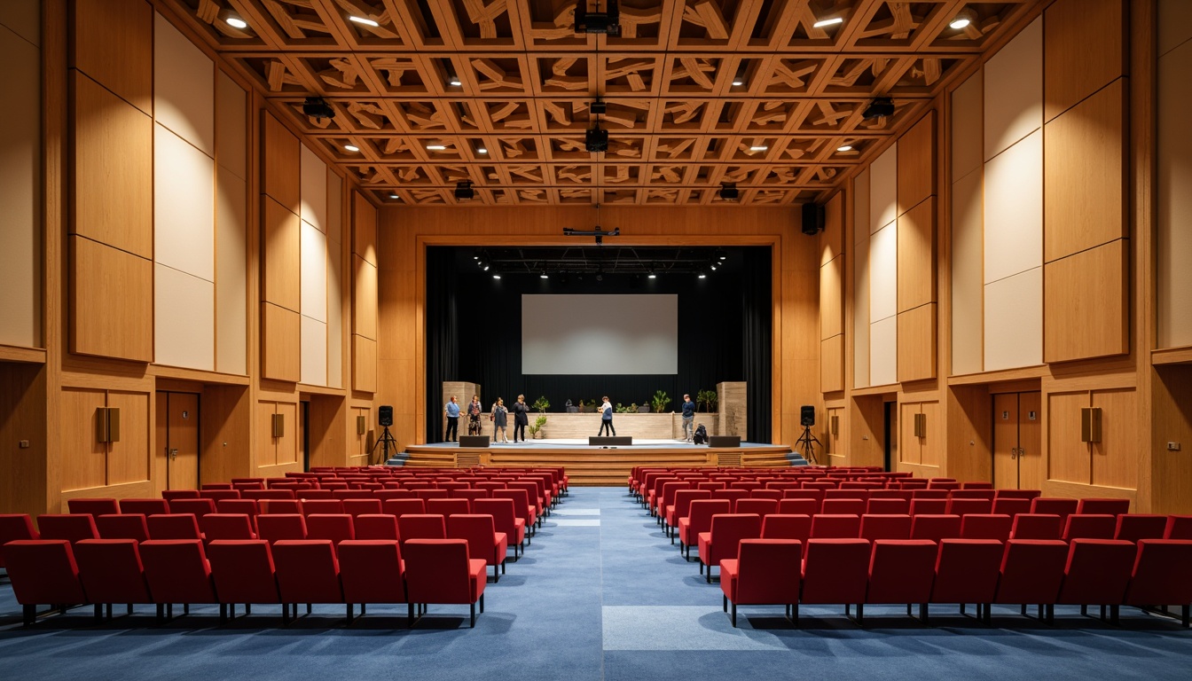 Prompt: Vibrant auditorium interior, rich wood accents, warm beige walls, plush crimson seats, polished brass fixtures, soft golden lighting, gradient blue carpeting, minimalist stage design, sleek aluminum railings, modern geometric patterns, abstract ceiling textures, subtle soundproofing details, professional audio equipment, intimate performance space, dramatic spotlights, 1/2 composition, shallow depth of field, realistic renderings.