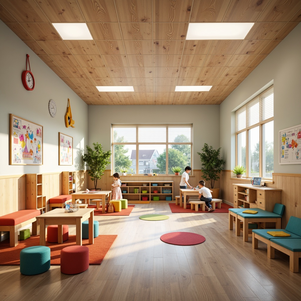 Prompt: Vibrant kindergarten interior, playful learning spaces, colorful wooden furniture, soft cushioned seats, kid-friendly tables, interactive whiteboards, educational wall decals, stimulating sensory areas, cozy reading nooks, whimsical lighting fixtures, natural wood textures, ergonomic chairs, adjustable desks, collaborative play structures, imaginative playhouses, safety-ensuring rounded edges, pastel color schemes, airy open layouts, abundant natural light, gentle warm ambiance, shallow depth of field, 1/1 composition, realistic renderings.