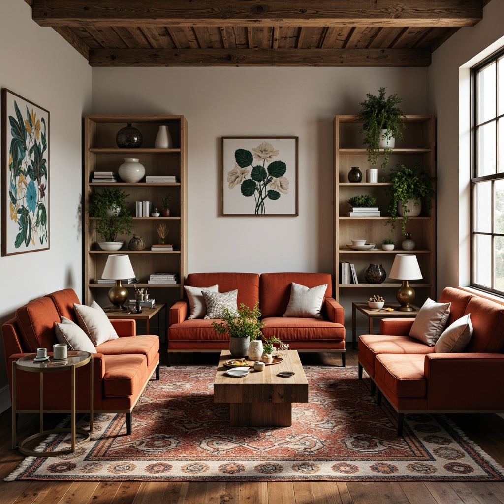 Prompt: Eclectic living room, vintage armchairs, velvet sofas, reclaimed wood coffee tables, industrial metal lamps, bohemian patterned rugs, colorful Moroccan tiles, abstract artwork, minimalist shelves, Scandinavian-inspired side tables, plush throw pillows, natural linen fabrics, warm ambient lighting, 1/1 composition, shallow depth of field, realistic textures.