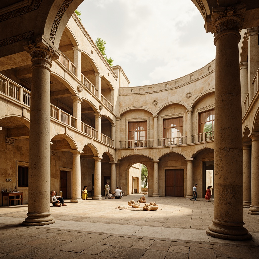 Prompt: Majestic amphitheater, ancient Greek architecture, weathered stone columns, ornate carvings, rustic arches, earthy terracotta hues, warm beige tones, rich marble textures, soft golden lighting, dramatic shadows, atmospheric mist, cinematic composition, symmetrical framing, subtle vignettes, nostalgic film grain, classical proportions, elegant simplicity, harmonious color harmony.