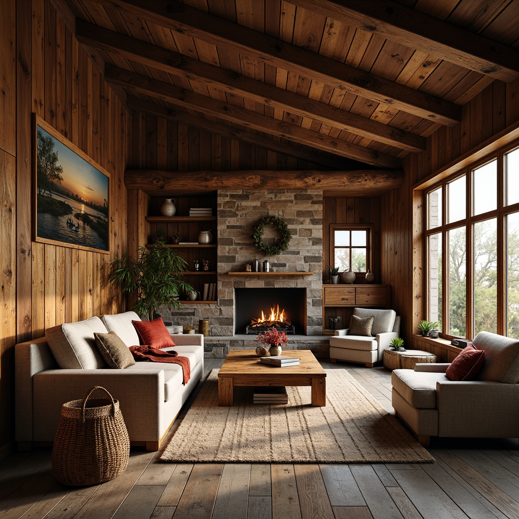 Prompt: Rustic cabin, wooden accents, earthy tones, distressed wood flooring, reclaimed planks, natural stone tiles, rough-hewn beams, cozy fireplace, warm ambient lighting, vintage furniture, woven textiles, nature-inspired patterns, organic shapes, earthy scents, soft shadows, 1/2 composition, warm color palette, realistic wood textures, subtle grain details.