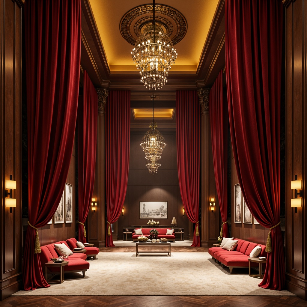 Prompt: Rich velvet curtains, warm golden lighting, plush red seats, dark wood accents, polished metal fixtures, elegant chandeliers, sophisticated neutral tones, earthy brown walls, soft cream carpets, subtle texture contrasts, dramatic spotlights, refined color gradations, luxurious ambiance, opulent decorations, grandiose scale, symmetrical composition, regal atmosphere, warm inviting glow.