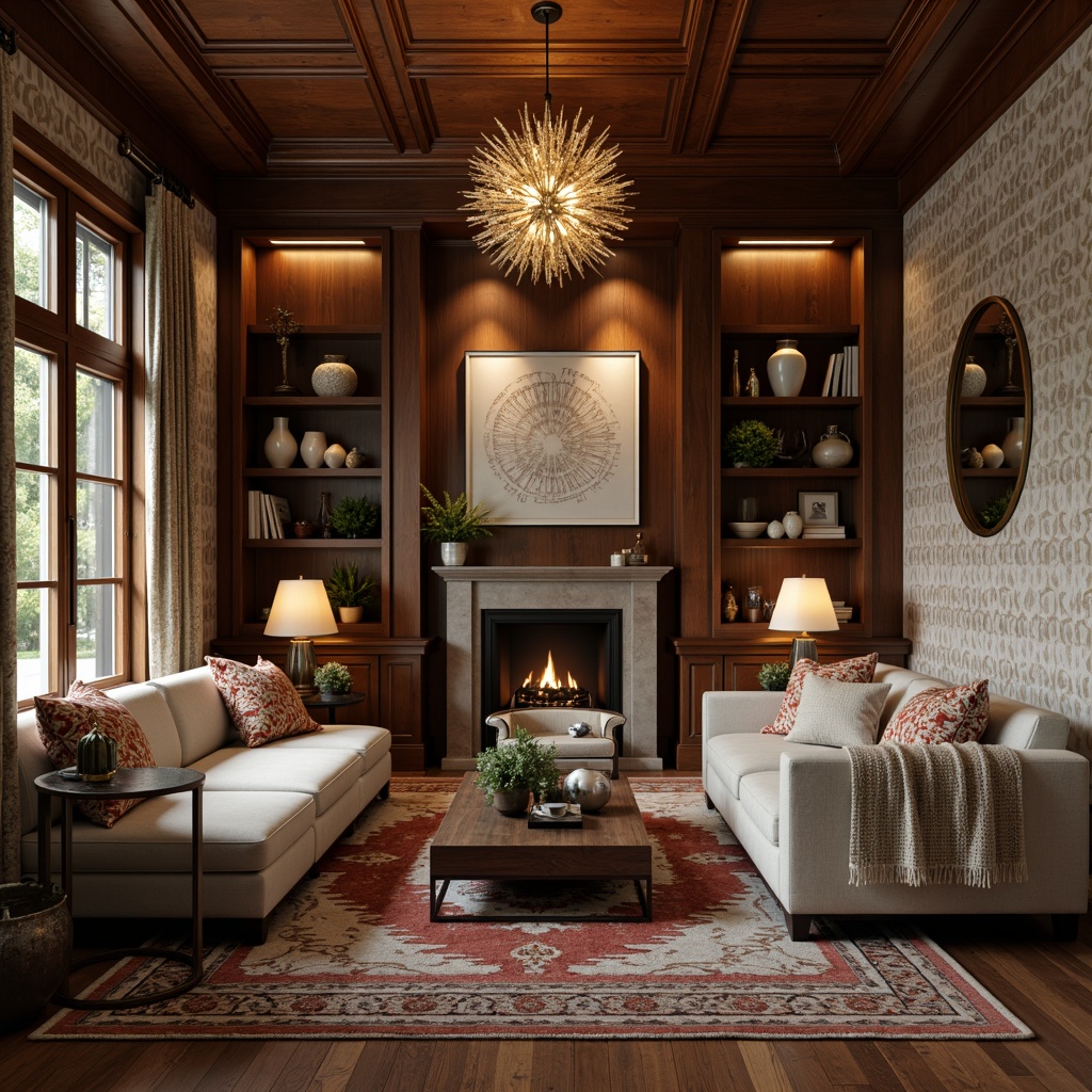 Prompt: Rich wood tones, luxurious fabrics, statement lighting fixtures, ornate mirrors, eclectic artwork, vintage collectibles, plush area rugs, comfortable sectional sofas, sleek coffee tables, decorative vases, modern sculptures, metallic accents, textured throw pillows, warm neutral colors, dramatic floor lamps, cozy reading nooks, built-in shelving units, rustic wooden wall decor, abstract patterned wallpaper, ambient soft lighting, cinematic wide-angle view, 2/3 composition, realistic reflections.