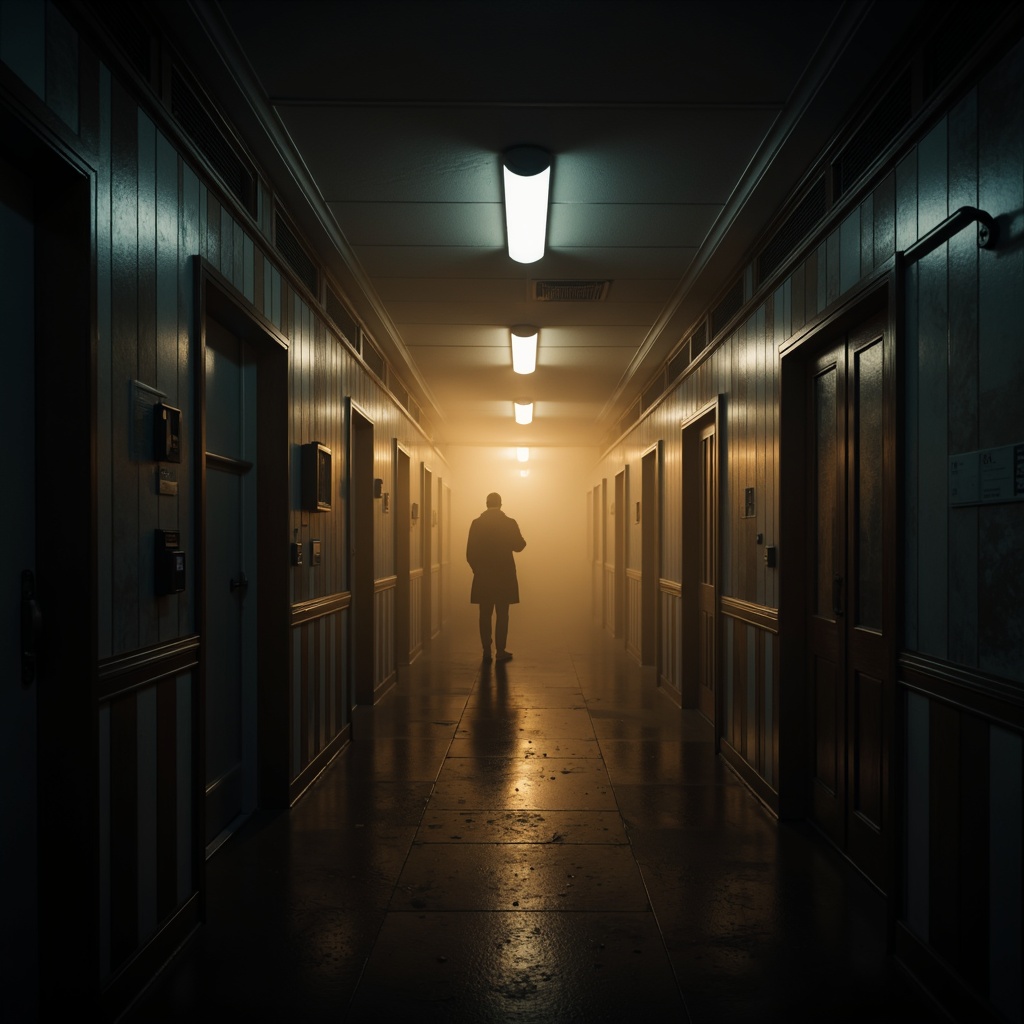 Prompt: Moody atmospheric lighting, dimly lit corridors, flickering fluorescent lights, warm golden tones, high-contrast shadows, cinematic color grading, dramatic spotlights, misty foggy ambiance, eerie blue undertones, mysterious darkness, isolated pools of light, subtle gradient effects, nuanced layering, rich textures, 3D modeling, realistic rendering, ambient Occlusion, cinematic camera angles, low-key lighting, subtle color temperature shifts.