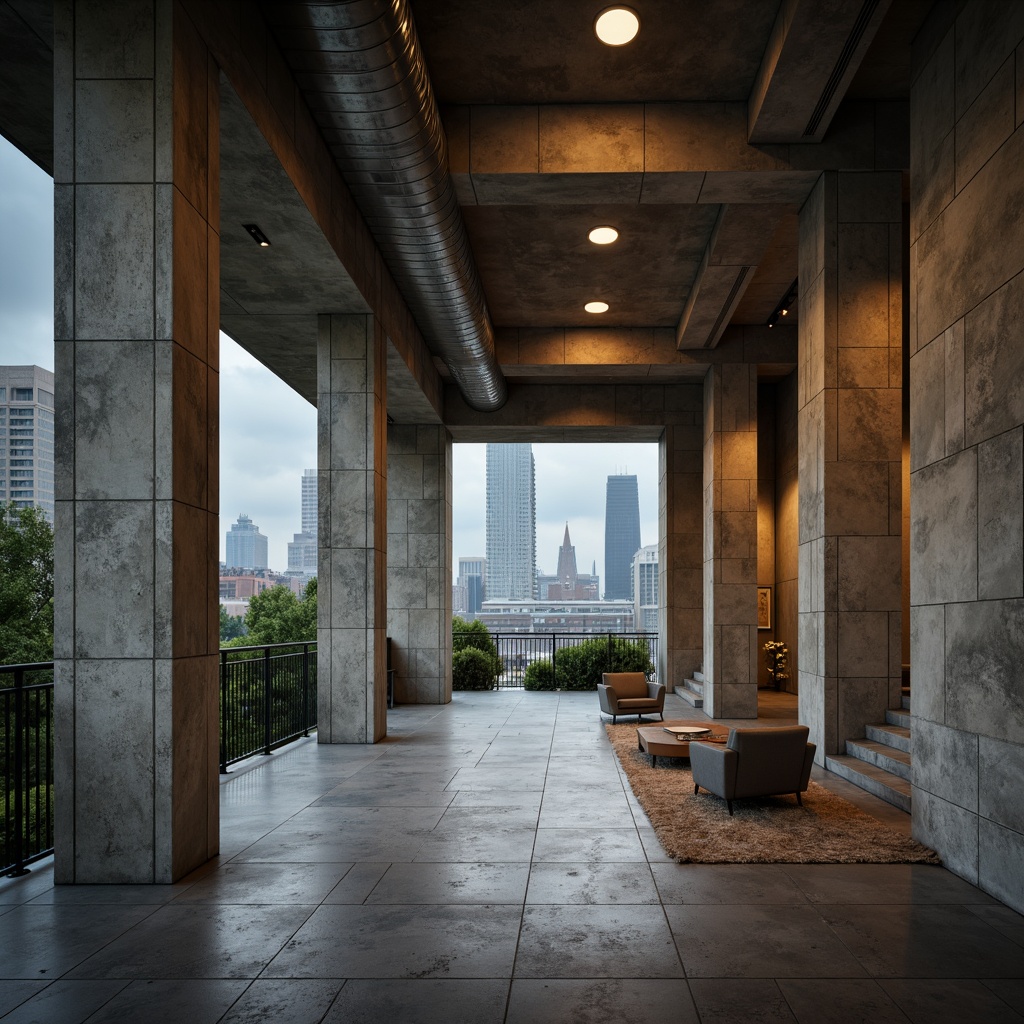 Prompt: Raw concrete textures, rugged brutalist architecture, dramatic shadows, warm ambient lighting, soft box lights, recessed ceiling fixtures, industrial metal accents, exposed ductwork, minimalist decor, urban cityscape, overcast sky, diffused natural light, 1/1 composition, low-key lighting, cinematic mood, realistic materials, subtle color grading.