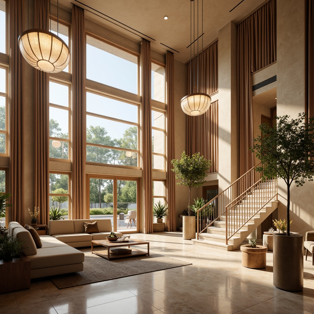 Prompt: Luxurious interior, warm ambient lighting, modern chandeliers, sleek pendant lamps, floor-to-ceiling windows, natural daylight, soft diffused light, warm beige walls, polished marble floors, sophisticated furniture designs, elegant curtains, grand staircase, dramatic ceiling heights, rich wood accents, metallic finishes, subtle shadows, 1/2 composition, shallow depth of field, realistic reflections.