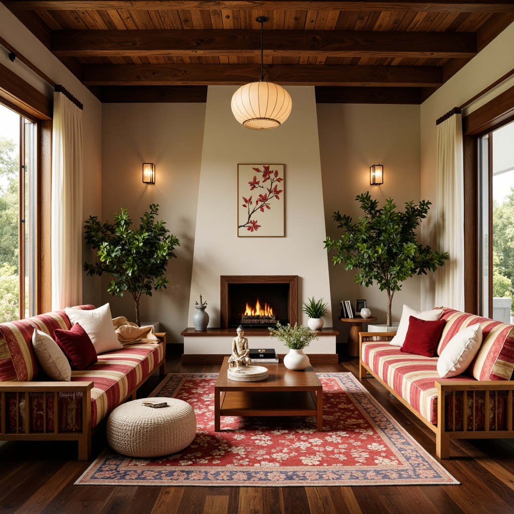 Prompt: Soothing Asian-inspired living room, natural wood accents, rice paper lanterns, intricately carved wooden furniture, plush silk upholstery, vibrant red and gold accents, subtle cherry blossom patterns, gentle cream walls, polished dark hardwood floors, delicate ceramic vases, serene Buddha statues, lush greenery, warm golden lighting, shallow depth of field, 1/1 composition, realistic textures, ambient occlusion.