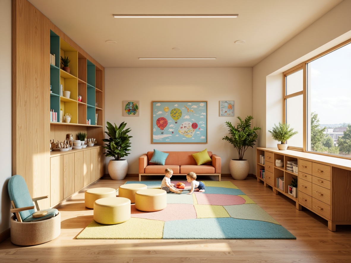 Prompt: Vibrant kindergarten interior, playful furniture, rounded edges, soft pastel colors, gentle curves, whimsical patterns, educational wall art, colorful rugs, cozy reading nooks, natural wood accents, warm beige tones, bright accent walls, joyful decorative elements, inviting lighting, shallow depth of field, 1/1 composition, realistic textures, ambient occlusion.