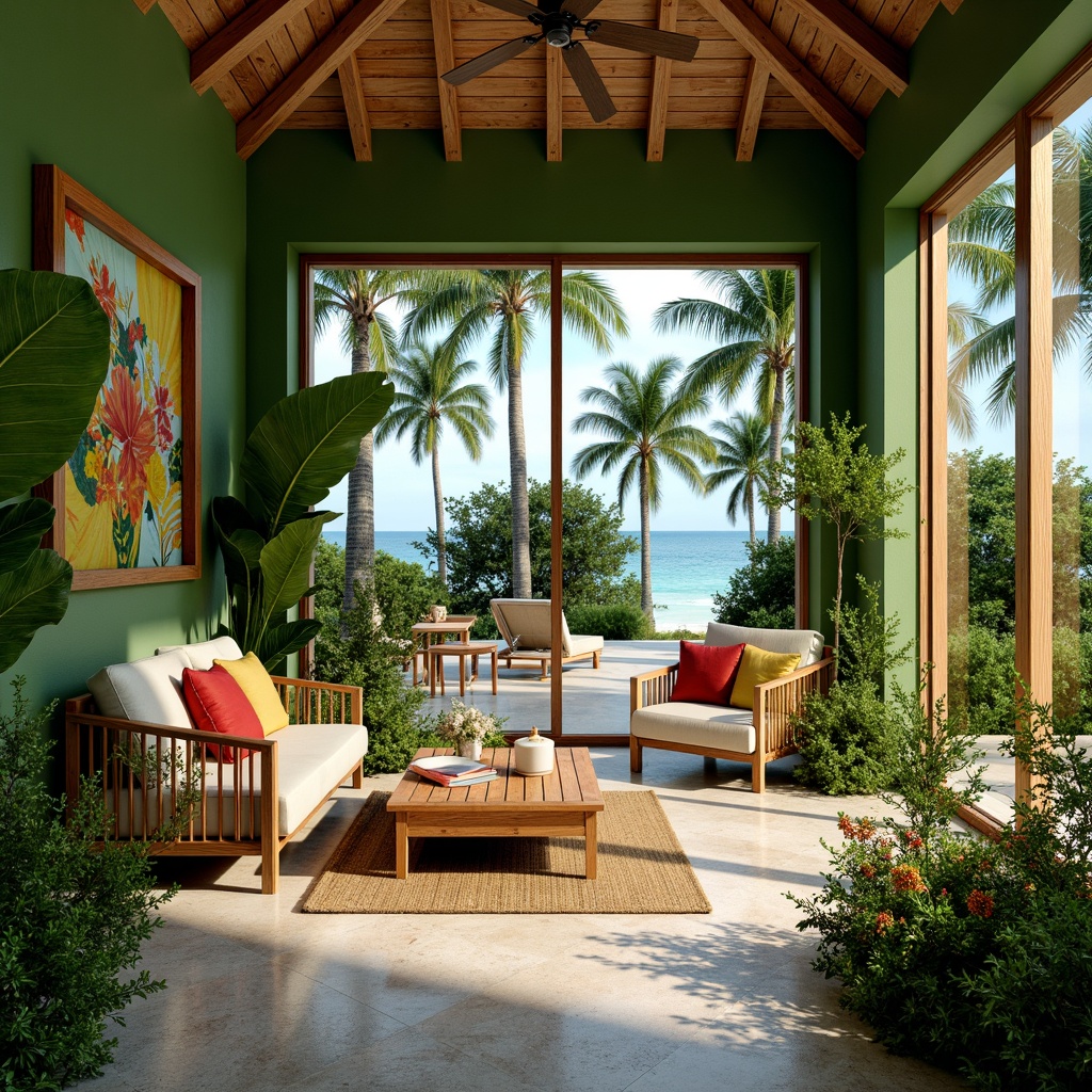 Prompt: Lush green walls, vibrant tropical plants, natural stone flooring, wooden accents, rattan furniture, colorful textiles, ocean-inspired color palette, large windows, sliding glass doors, high ceilings, open floor plan, airy atmosphere, soft warm lighting, 1/1 composition, shallow depth of field, realistic textures, ambient occlusion, beachside setting, palm trees, turquoise water, sunny day, gentle breeze, exotic flowers, minimalist decor, eco-friendly materials, sustainable design.