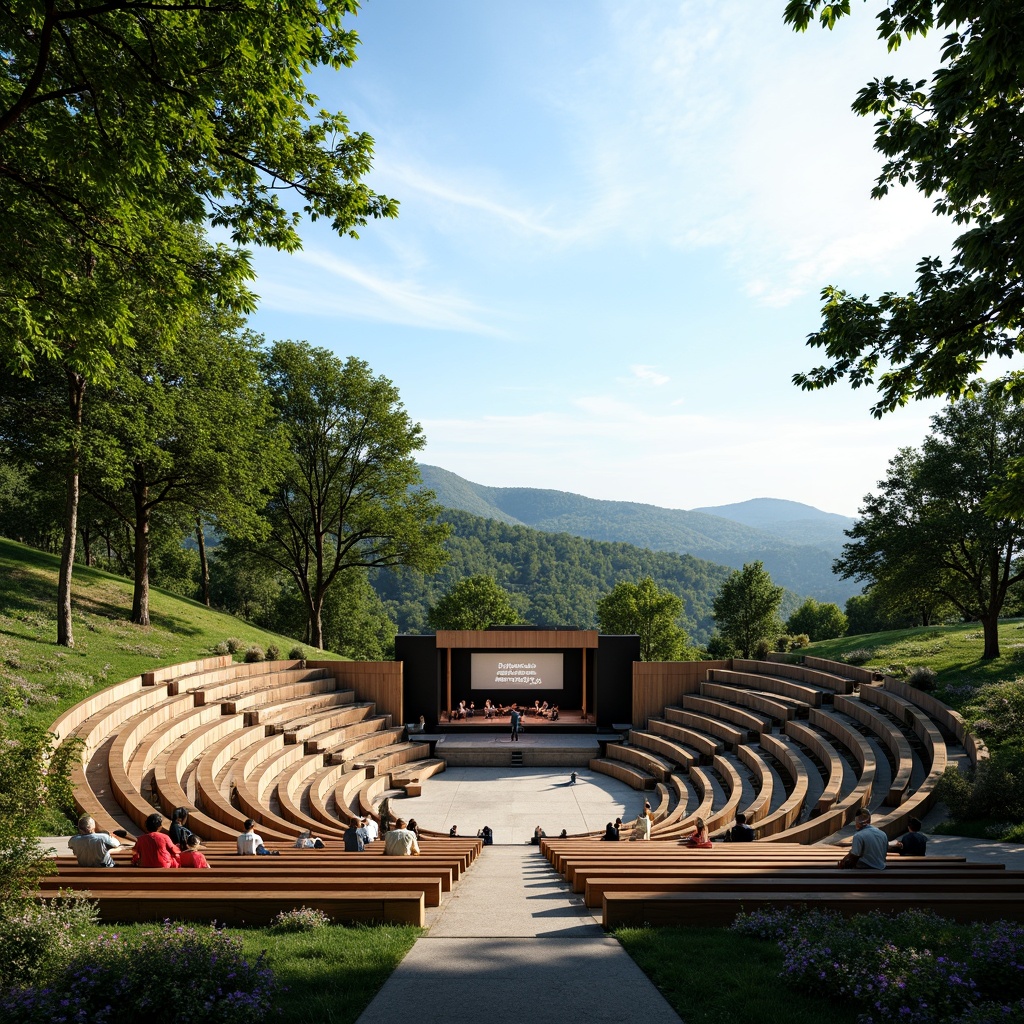 Prompt: Natural amphitheater setting, lush green hills, tiered seating areas, wooden benches, scenic views, clear blue sky, warm sunny day, soft gentle breeze, acoustic performance stage, sound reflection surfaces, reverberation control systems, diffuser panels, absorption materials, precise sound focusing, optimal speaker placement, 3D audio rendering, immersive audience experience, shallow depth of field, 1/1 composition, realistic textures, ambient occlusion.