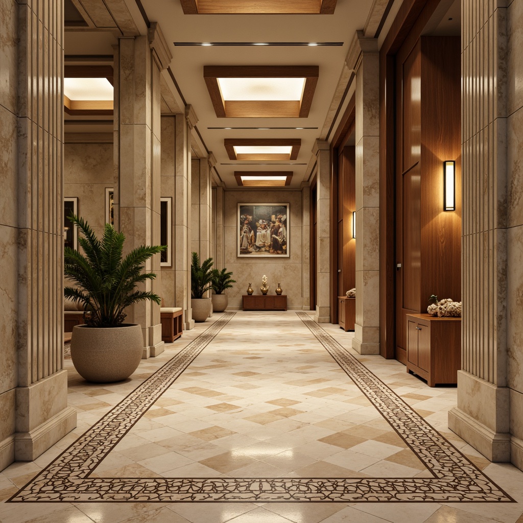 Prompt: Elegant marble floors, intricately patterned inlays, warm beige limestone, polished travertine tiles, ornate mosaic borders, classic herringbone wood flooring, rich walnut panels, subtle texture variations, soft golden lighting, high ceilings, grandiose columns, symmetrical compositions, realistic reflections, ambient occlusion.