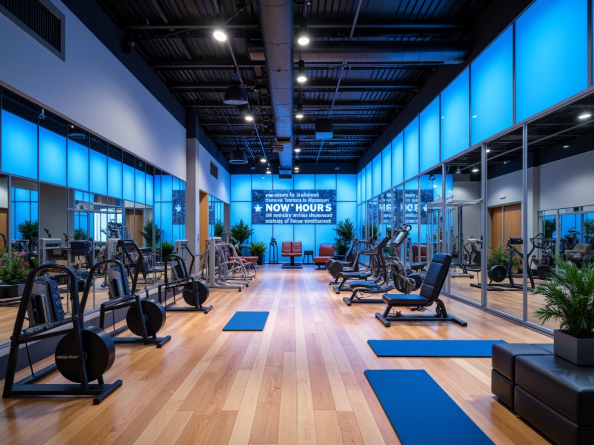 Prompt: Vibrant fitness club, light blue accent walls, sleek metallic equipment, polished wood flooring, energetic atmosphere, motivational quotes, modern LED lighting, spacious mirrored rooms, dynamic workout areas, strength training zones, cardio machines, free weights, exercise mats, refreshing water stations, calming ambient sounds, soft natural ventilation, 3/4 composition, shallow depth of field, realistic textures, ambient occlusion.