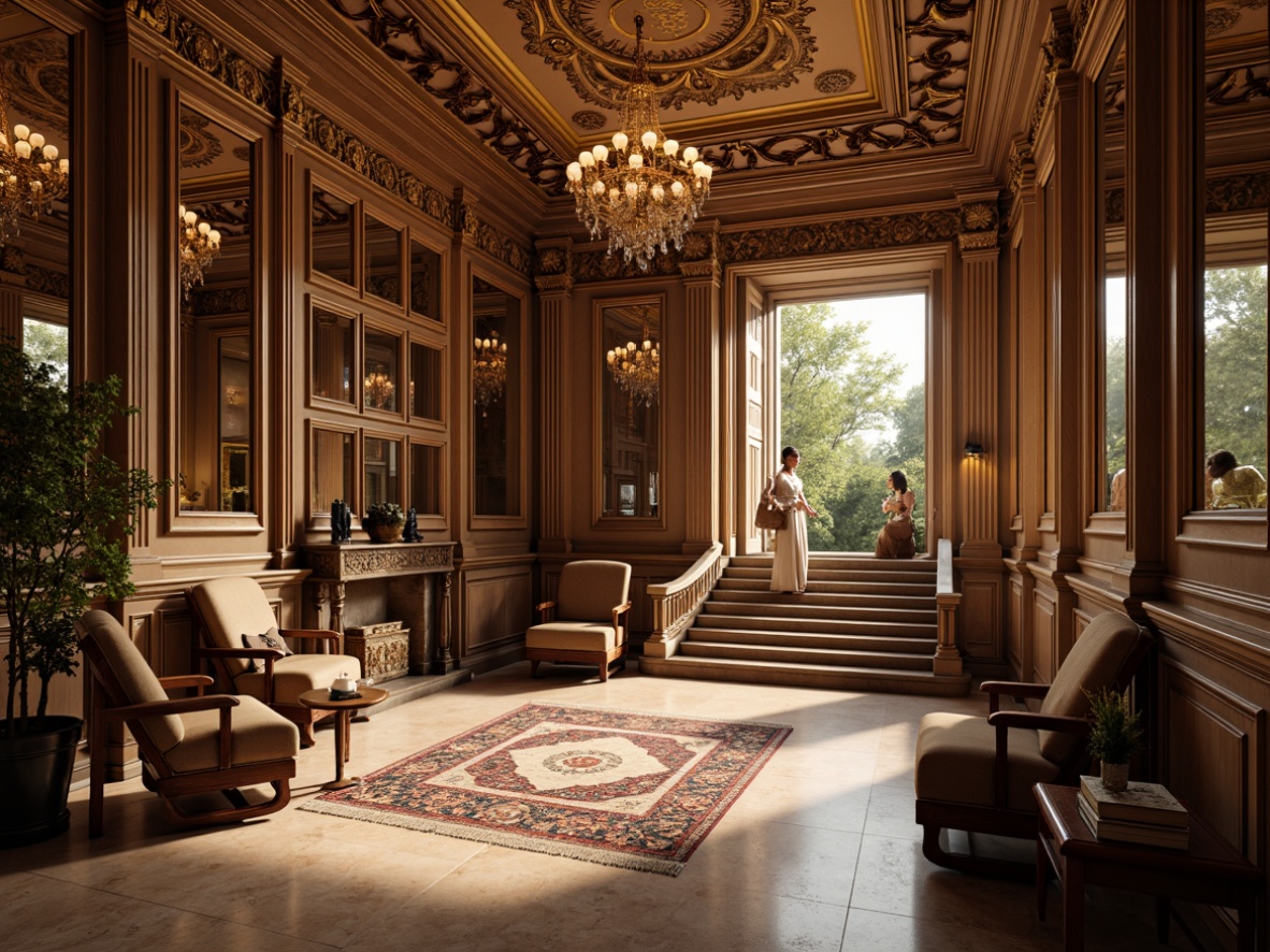 Prompt: Intricate carvings, luxurious fabrics, opulent chandeliers, grand staircases, marble floors, ornate mirrors, gilded frames, lavish furnishings, rich wood tones, intricate moldings, high ceilings, dramatic lighting, warm golden hues, soft focus, shallow depth of field, 1/1 composition, realistic textures, ambient occlusion.