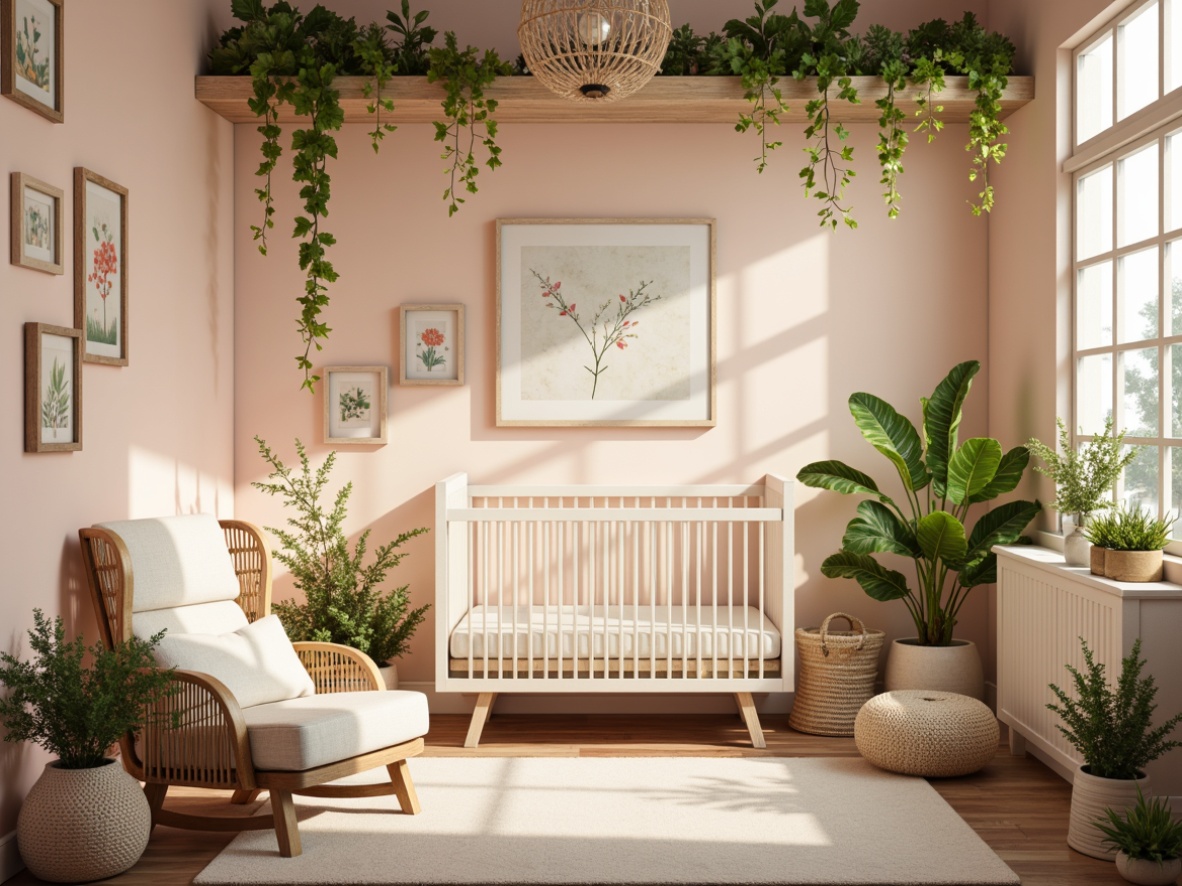 Prompt: Whimsical nursery, soft pastel hues, pale peach walls, creamy white furniture, delicate florals, organic shapes, curly tendrils, gentle mint accents, warm beige textiles, intricate wooden details, ornate metal fixtures, lush greenery, natural light, airy atmosphere, 1/2 composition, shallow depth of field, romantic warm lighting.