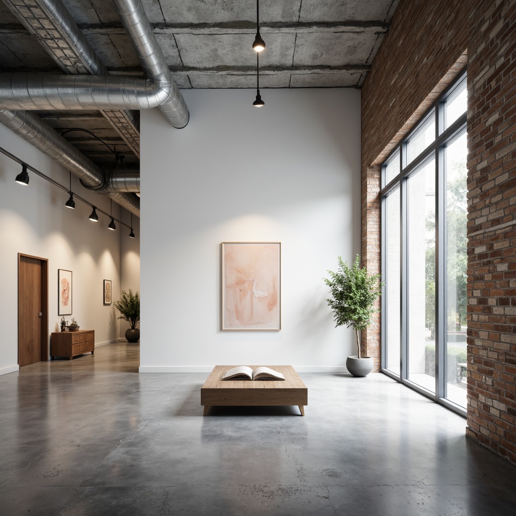 Prompt: Minimalist gallery space, white walls, polished concrete floors, natural light pouring in, sleek metal frames, glass partitions, modern art pieces, contrasting textures, smooth wood accents, industrial metal beams, rustic stone features, dramatic spotlights, soft ambient glow, 1/1 composition, shallow depth of field, realistic rendering.