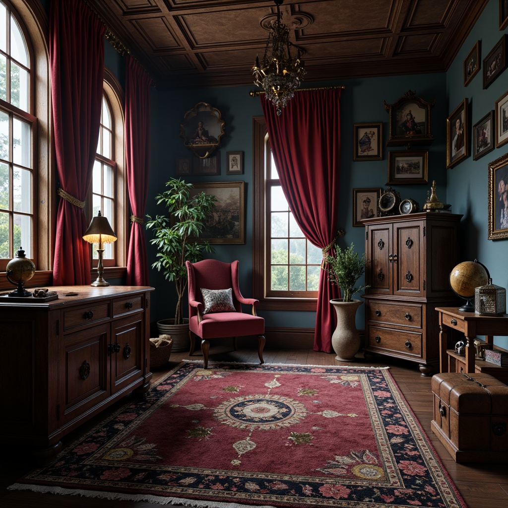 Prompt: Dark academia inspired kids' room, rich wood furniture, mysterious velvet drapes, ornate metal fixtures, mystical lanterns, eerie candlelight, dark blue walls, crimson red accents, golden trim, intricate stone carvings, mystical symbols, old leather-bound books, vintage globes, misty morning light, soft box lighting, 1/1 composition, atmospheric rendering, detailed textures.