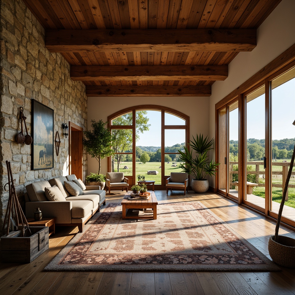 Prompt: Rustic farmhouse, open floor plan, wooden beams, natural stone walls, earthy color palette, vintage farm tools, distressed wood furniture, plush area rugs, large windows, sliding glass doors, countryside views, rolling hills, green pastures, sunny afternoon, warm soft lighting, shallow depth of field, 2/3 composition, realistic textures, ambient occlusion.