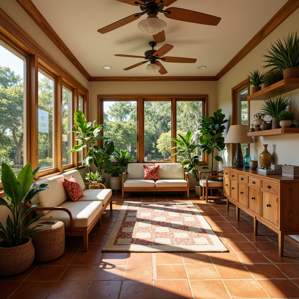 Prompt: Vibrant sunroom, mid-century modern design, warm natural light, earthy tone palette, terracotta flooring, wooden accents, rattan furniture, lush greenery, tropical plants, geometric patterned rugs, vintage decorative accessories, warm beige walls, rich walnut cabinetry, soft cream-colored upholstery, organic shapes, minimal ornamentation, abundant sunlight, gentle shadows, 1/2 composition, shallow depth of field, realistic textures.