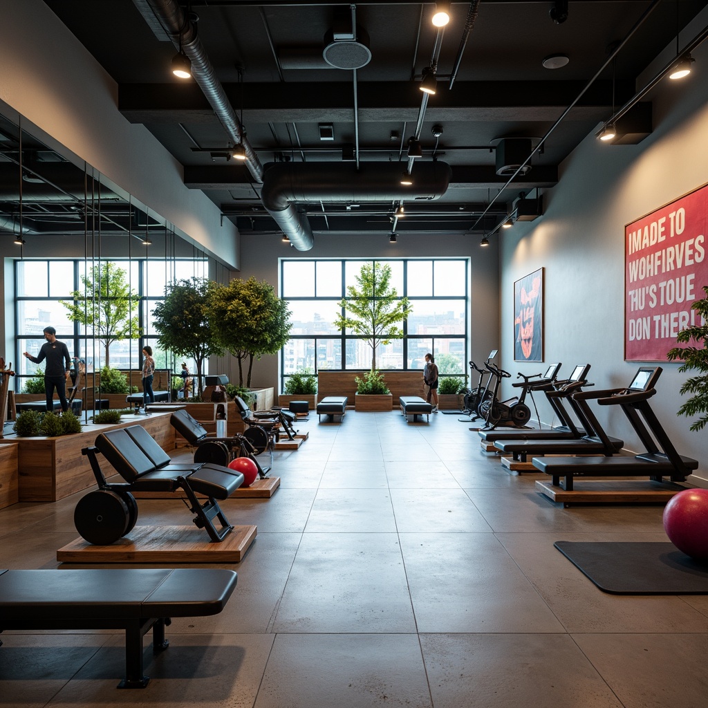 Prompt: Modern fitness studio, sleek floors, minimalist decor, natural light, floor-to-ceiling windows, mirrored walls, industrial-style lighting, state-of-the-art cardio machines, cutting-edge strength training equipment, free weights, kettlebells, medicine balls, yoga mats, Pilates reformers, spinning bikes, treadmills, elliptical trainers, adjustable benches, ergonomic seating, luxurious locker rooms, rainfall showerheads, ambient sound systems, calming color schemes, motivational quotes, inspirational artwork.